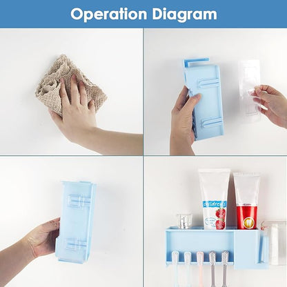 5 Slots Wall Mount Toothbrush Holder with Storage Box, Self Adhesive Toothbrush Storage Organizer for Shower, Toothpaste & Toothbrush Hanger for Bathroom, Medicine Cabinet, Dorm (Blue)