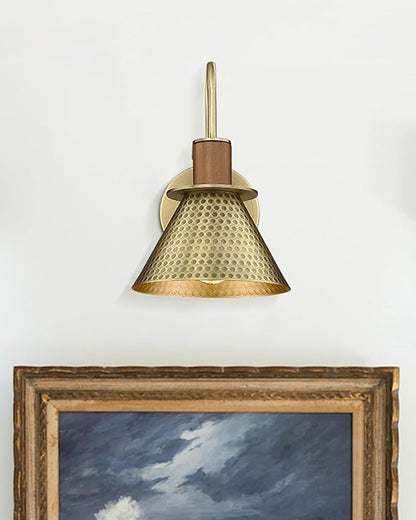 Antique Brass Wall Sconce, HWH Gooseneck Barn Wall Light Fixtures, 1-Light Single Wall Vanity Light, Farmhouse Wall Lamp for Bedroom Bedside Kitchen Hallway, Hammered Metal Shade, 5HZG74B-L BG