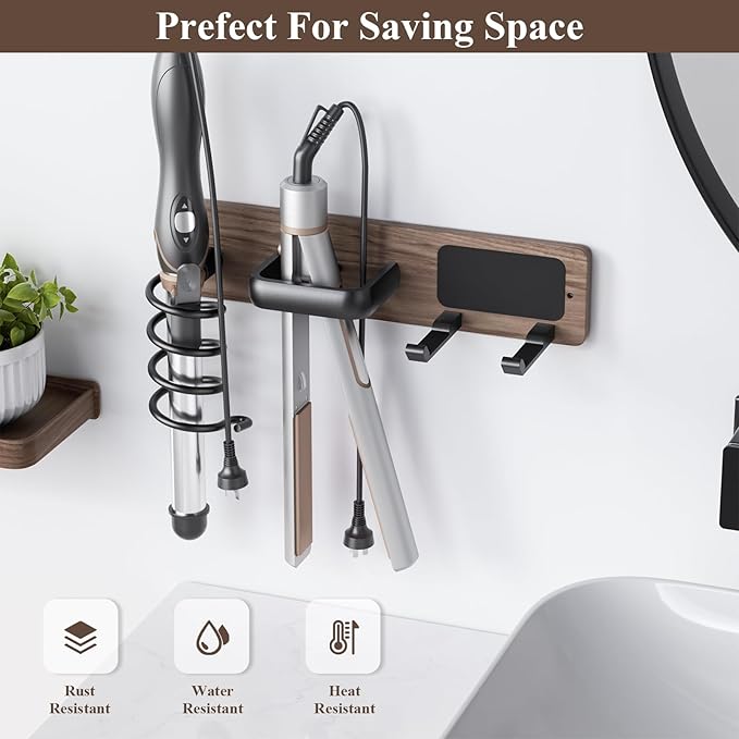 Tindbea Hair Dryer Holder Curling Iron Holder Flat Iron, Blow Dryer Holder Wall Mount, 3 in 1 Bathroom Hair Tool Organizer Rack for Universal Dryer, Walnut Matte Black