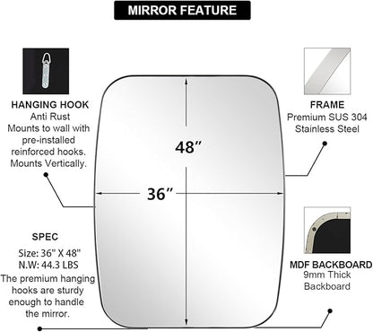 ANDY STAR Chrome Oblong Mirror, 36x48 Inch Polished Chrome Oval Mirror for Bathroom with Stainless Steel Metal Frame, Wall Mouned for Bathroom, Living Room, Entryway