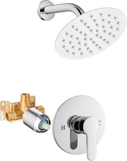 Airuida Shower Faucet Set,Single Function Shower Trim Kit,Wall Mount 6 Inch Round Rainfall Shower Head and Handle Set,Single Handle Shower System Set Male Threads Rough-in Valve Chrome Polish