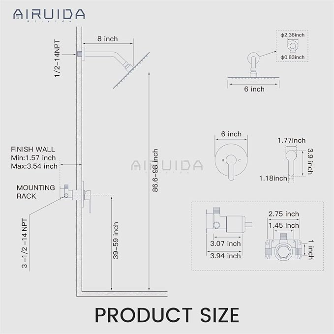 Airuida Shower Faucet Set,Single Function Shower Trim Kit,Wall Mount 6 Inch Round Rainfall Shower Head and Handle Set,Single Handle Shower System Set Male Threads Rough-in Valve Brushed Gold