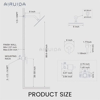 Airuida Shower Faucet Set,Single Function Shower Trim Kit,Wall Mount 6 Inch Round Rainfall Shower Head and Handle Set,Single Handle Shower System Set Male Threads Rough-in Valve Brushed Gold