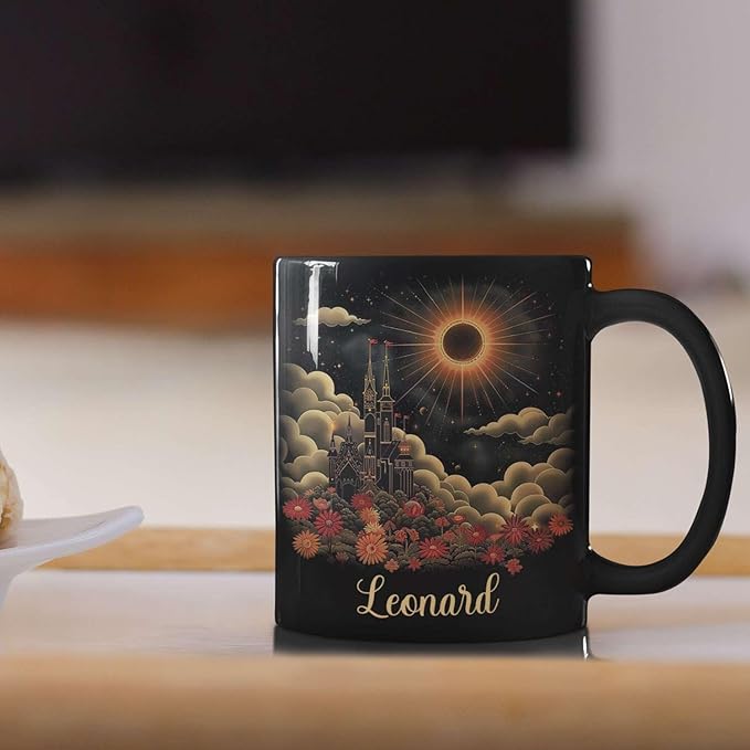 Personalized Name Coffee Mug 11oz 15oz, Custom Fantasy Castle Mug with Gothic Style, Vibrant Celestial Scene Ceramic Cup, Unique Castle Black Coffee Cup, Gifts for Her, Him