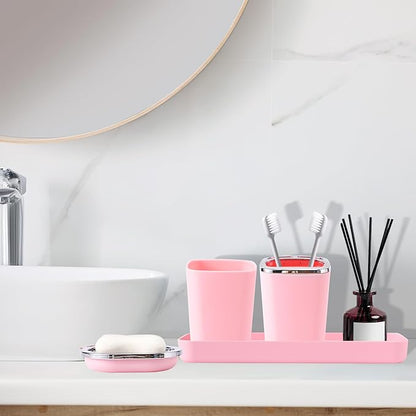 Pink Bathroom Accessory Set, Plastic Bathroom Set with Tray, Soap Dispenser, Toothbrush Holder, Toothbrush Cup, Soap Dish, Toilet Brush, Trash Can and Q-tip Holders for Bathroom/Housewarming