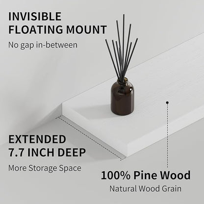 SAUMONIERES Floating Shelves 8 Inch Deep Solid Wood Wide Wall Shelf Set of 2 Wall Mounted for Bedroom Bathroom Living Room Kitchen, 36 Inch White