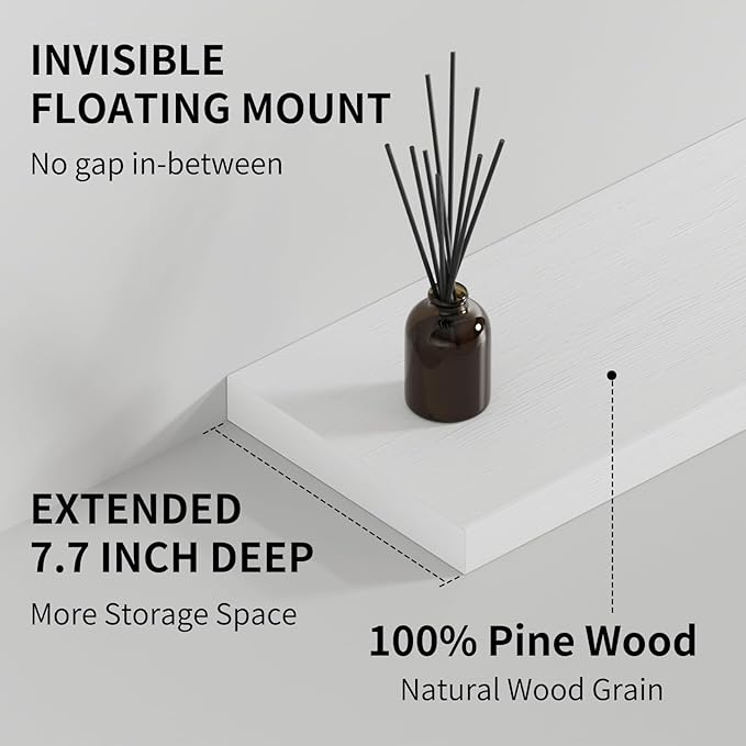 SAUMONIERES Floating Shelves 8 Inch Deep Solid Wood Wide Wall Shelf Set of 2 Wall Mounted for Bedroom Bathroom Living Room Kitchen, 24 Inch White