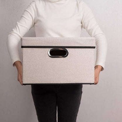 PRANDOM Foldable Storage Bin with Lid [3-Pack] Linen Fabric Decorative Storage Box Organizer Container Basket Cube with Handles Divider for Closet Office Living Room Light Grey(14.9x9.8x9.8)