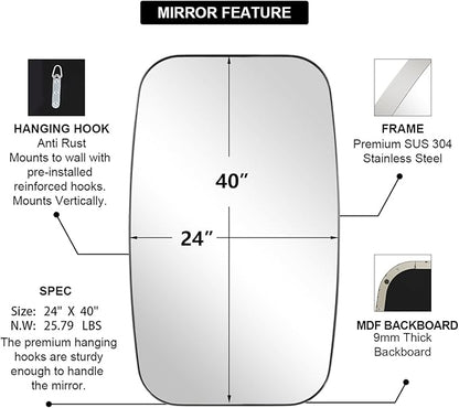 ANDY STAR Chrome Bathroom Mirror, 24x40 Inch Polished Chrome Oval Mirror for Bathroom with Stainless Steel Metal Frame, Oblong Mirror for Bathroom, Living Room, Entryway