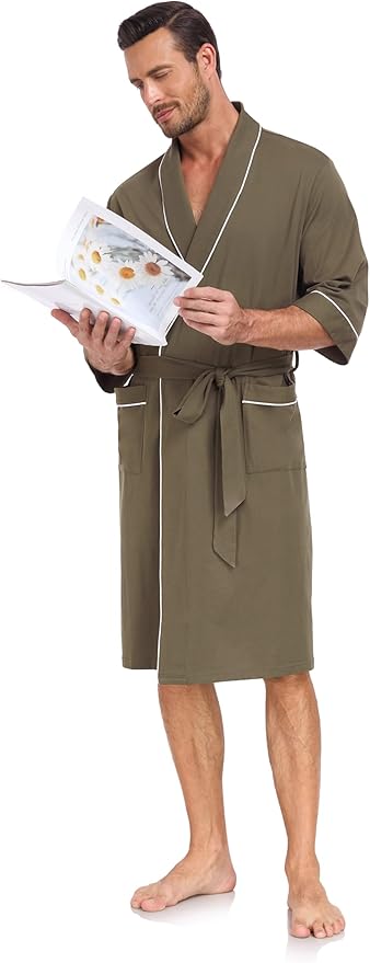 COLORFULLEAF Men's Bathrobes 100% Cotton Soft Comfort Breathable Short Sleeve Summer Kimono Mens Lightweight Robe