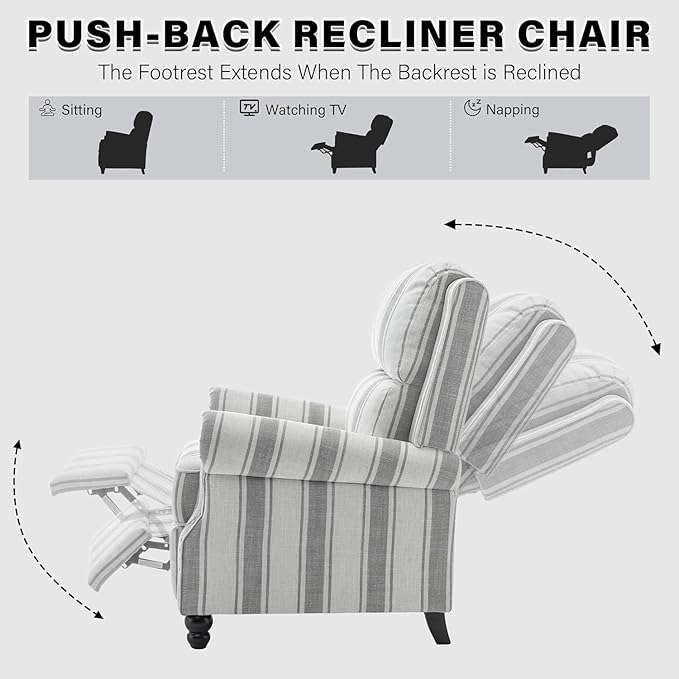 UIXE Pushback Recliner Chairs Set of 2, Fabric Armchair Push Back Accent Chair for Living Room, Rivet Trim Club Chair Overstuffed Home Theater Bedroom Reading Seat - Stripe Gray