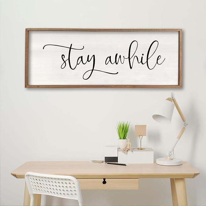 Stay Awhile Sign Wall Decor Sign 40"X15" Large Living Room Entryway Wood Framed Rustic Wall Decor for Vintage Farmhouse Foyer Hanging Lets Stay Home Wall Art (Wood)