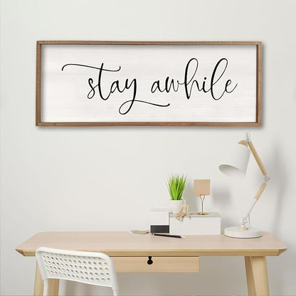 Stay Awhile Sign Wall Decor 32"X12" Large Living Room Entryway Wood Framed Rustic Wall Decor for Vintage Farmhouse Foyer Hanging Lets Stay Home Wall Art (Wood)
