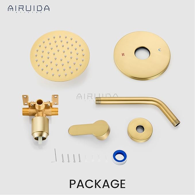Airuida Shower Faucet Set,Single Function Shower Trim Kit,Wall Mount 6 Inch Round Rainfall Shower Head and Handle Set,Single Handle Shower System Set Male Threads Rough-in Valve Brushed Gold