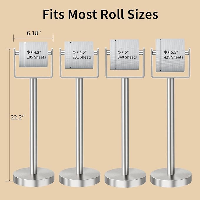YUMORE Toilet Paper Holder Free Standing, Stainless Steel Toilet Paper Stand, Weighted Base Floor Tissue Roll Holder for Bathroom, Brushed Nickel 200UP
