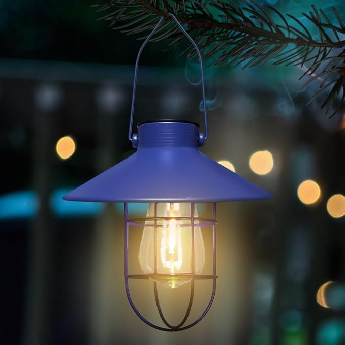 pearlstar Solar Lantern Outdoor Hanging Light Metal Farmhouse Solar Lamp with Warm White Edison Bulb Design for Garden Yard Patio Proch Decor(Blue)