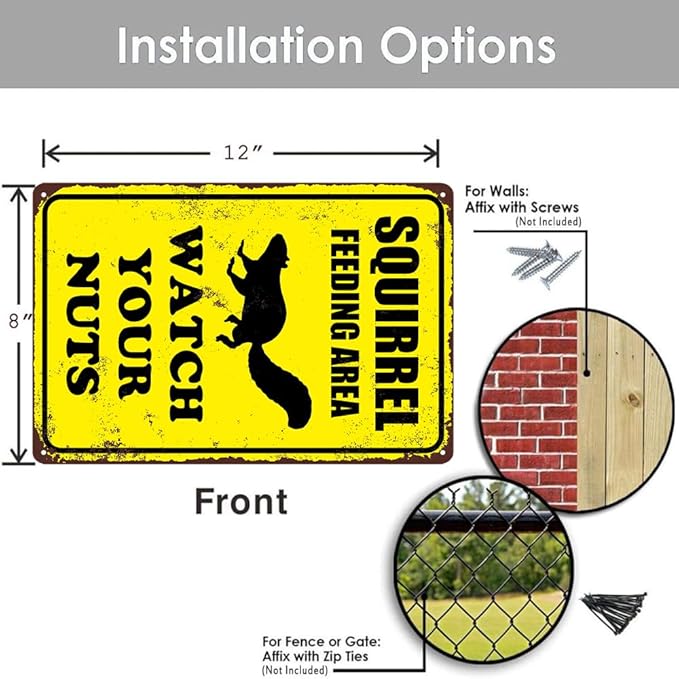 Squirrel Sign Funny Metal Sign Squirrel Feeding Area Watch Your Nuts Signs Vintage Tin Sign For Home Outdoor Garage Wall Decoration 8x12inch