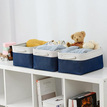 TheWarmHome Storage Bins for Shelves - 1 Pack 13.8x9.7x6.7 inch Collapsible Storage Basket for Organizing, Dog Toy Bin for Closet Organizer laundry Cloth Nursery (White & Jean Blue)
