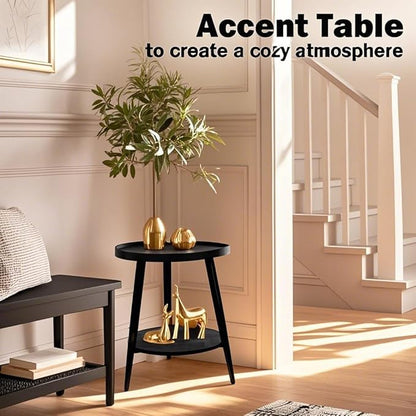 Small Round Side Table, 2-Tier Mid Century Modern Side Table, Round End Table Small Side Table for Living Room, Metal Frames, Black