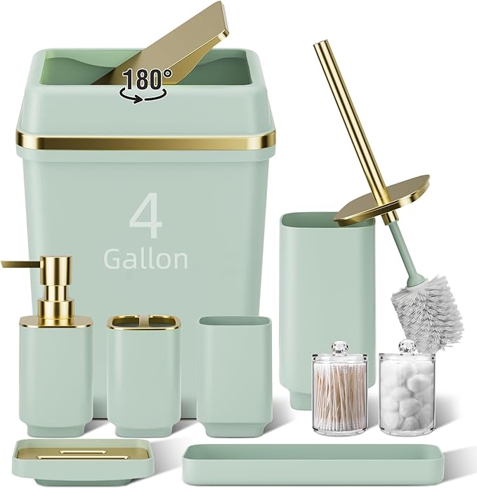 9PCS Bathroom Accessory Set, Green Bathroom Set with Large-Capacity 4 Gallon Trash Can, Bathroom Accessories Set Complete, Toothbrush Holder, Soap Dispenser, Toilet Brush, Bathroom Decor