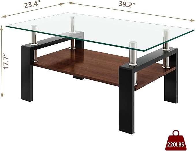 Tempered Glass Coffee Table Rectangle Living Room Center Table, with 39" Clear Top and Brown MDF Layer Black Metal Leg, for Small Space Apartment, Transparent+Brown