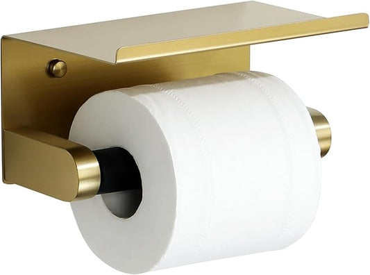 Alise Toilet Paper Holder Adhesive Toilet Paper Roll Holder SUS304 Stainless Steel Toilet Paper Holder with Shelf Spring Loaded Tissue Holder Wall Mount(Adhesive or Screw),Gold and Black Finish