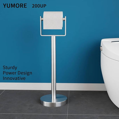 YUMORE Toilet Paper Holder Free Standing, Stainless Steel Toilet Paper Stand, Weighted Base Floor Tissue Roll Holder for Bathroom, Brushed Nickel 200UP