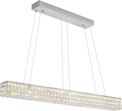 W48 Modern Rectangular Crystal Chandeliers Dining Room Chandelier,Silver Pendant Light Fixture with Remote Control for Living Room Kitchen Island