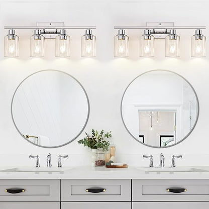4 Light Bathroom Light Fixtures, Chrome Vanity Lights with Clear Glass Shades, Modern Bathroom Light Fixtures Over Mirror, Modern Bathroom Wall Lamp for Mirror Living Room Cabinet