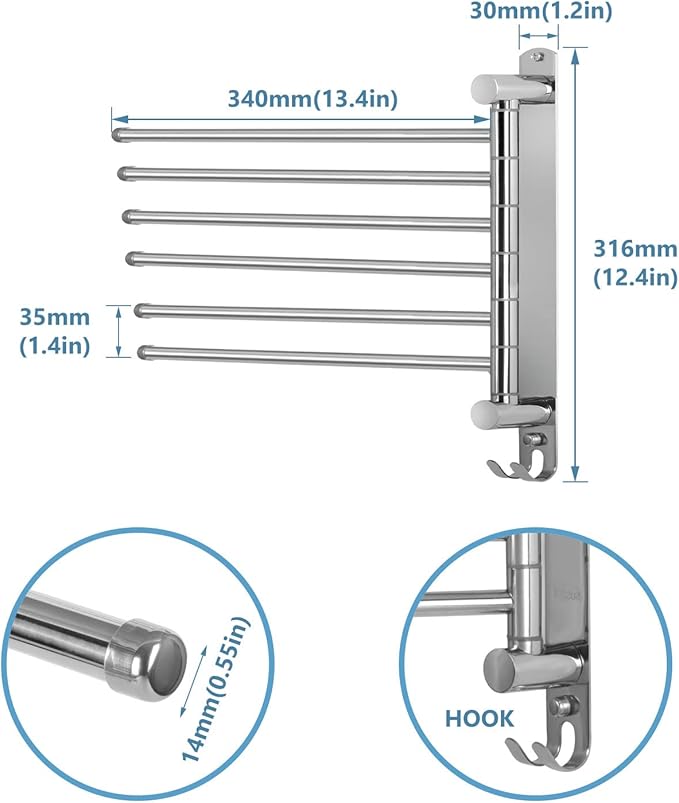Towel Rack Wall Mounted JSVER Bathroom Towel Rack, Space Saving Towel Holder, 13.4 Inches Swivel SUS304 Stainless Steel Towel Bar, 180° Rotation 6 Arms Towel Racks for Bathroom