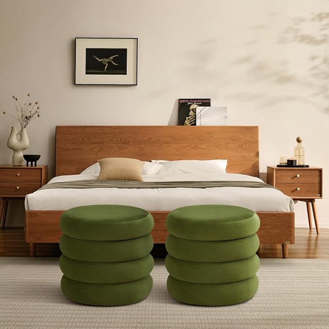 ONEVOG Round Storage Ottoman, 20" Small Ottomans Table with Removable Lid, Velvet Fabric Soft Footrest Stool for Couch, Upholstered Stuffed Circle Seat for Livingroom/Bedroom/Dorm/Vanity, Olive Green