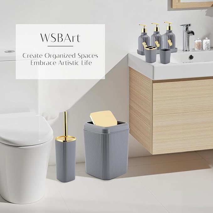 17PCS Bathroom Accessory Set Bathroom Set Grey Bathroom Accessories,Toilet Brush,Trash Can, Qtip Holder Dispenser& 3PCS Soap Dispenser