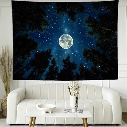 keowhsf Forest Galaxy Tapestry for Bedroom Ceiling - Starry Night Sky with Moon and Trees, Blue Aesthetic Wall Hanging, Milky Way Landscape Backdrop for Living Room and Dorm Decor