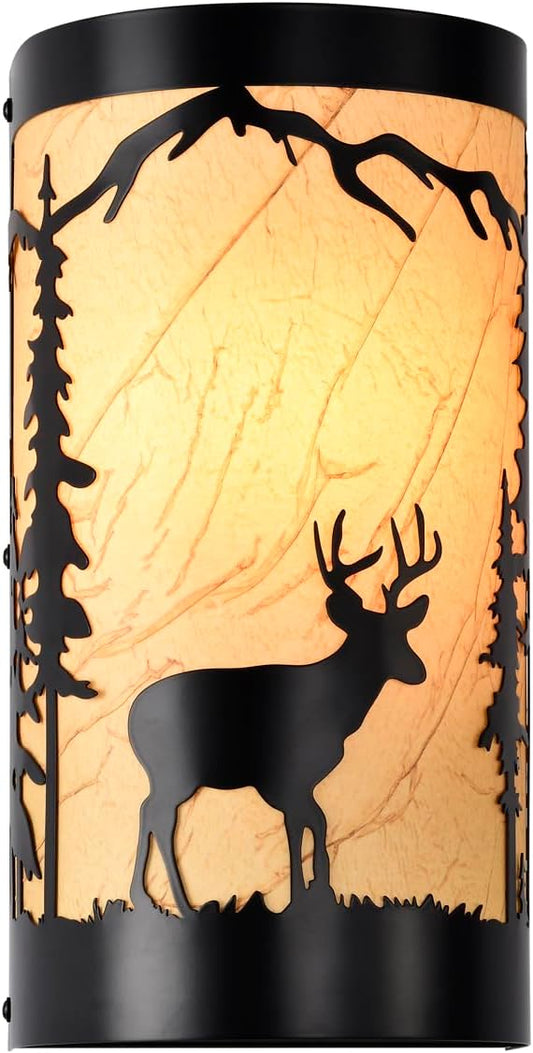 Wall Sconce Light,Deer Metal Yellow Parchment Farmhouse Wall Sconce,Rustic E26 Base Wall Mount Lamp,Vintage Matte Black Bedroom Wall Lights,Indoor Wall Lamps for Living Room,Hallway,Porch