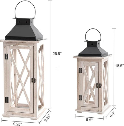 TIMRIS Large Wooden Candle Lanterns Decorative Set of 2, Rustic Farmhouse Whitewash Floor Lanterns, Indoor/Outdoor Hanging Lanterns for Home Decor (No Glass)