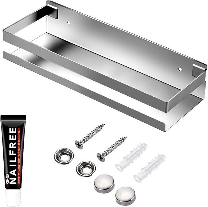 Rustproof Metal Storage Floating Shelves Wall Mounted Rectangular Shelf for Bedroom,Bathroom, Living Room, Kitchen, and Laundry Room,Nail-Free Wall-Mounted Shelves（11.8 Inch Silver）