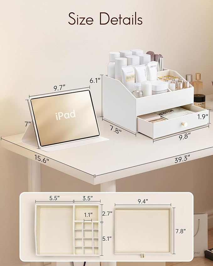 Vlando Makeup Organzier,Vanity Organizer with Drawers, PU Leather Skincare Organizer Perfume Organizer,Large Cosmetic Display Case for Lipstick,Brushes Gifts for Women-White