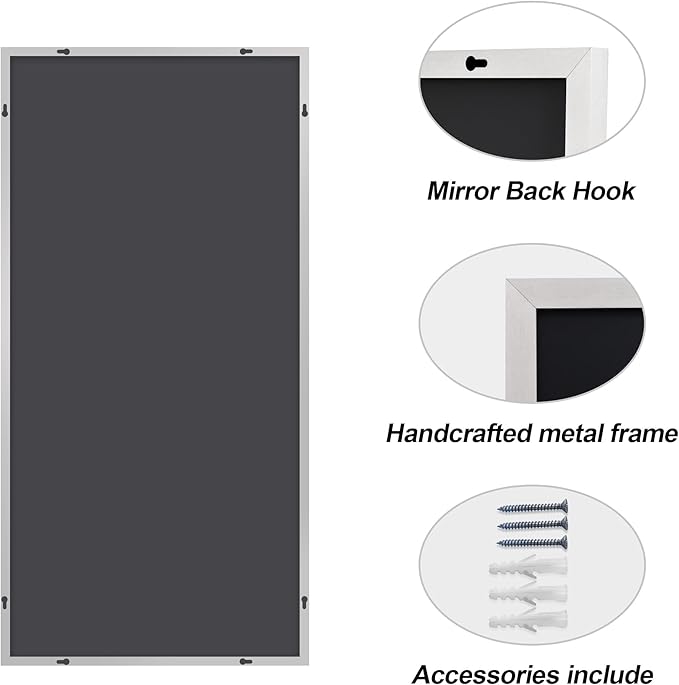 48x24In Silver Bathroom Mirror for Wall, Brushed Nickel Rectangle Mirrors with Metal Frame, Bathroom Rectangular Mirror Modern Wall Mirror for Bedroom Living Room, Hangs Horizontal or Vertical