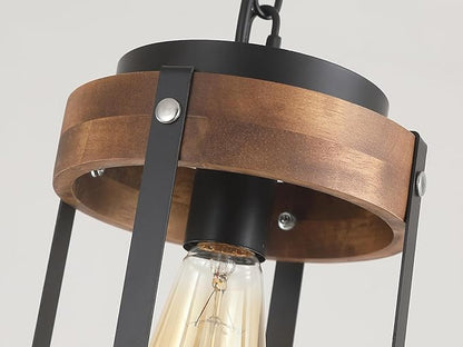 2 Pack Rustic Farmhouse Wood Pendant Light Fixture One-Light Adjustable Chain Oak Wood and Metal Drum Cage Small Pendant Lighting for Kitchen Island Sink Hallway Farmhouse Bathroom Bar, Black