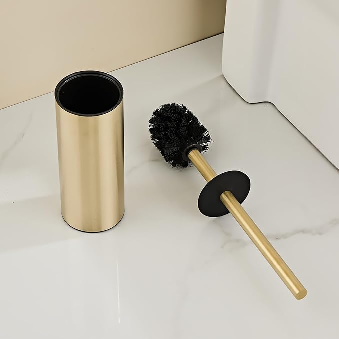 Toilet Brush and Holder Set, NEWRAIN 304 Stainless Steel Toilet Brush with Long Brush Handle, Brushed Gold Toilet Scrubber and Covered Holder, Round Design Sturdy and Space Saving, Covered Brush