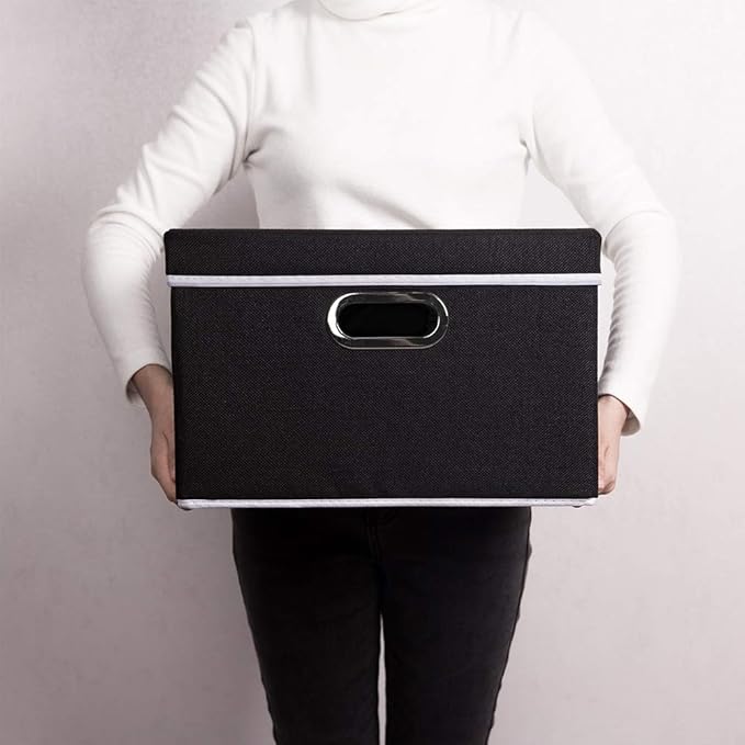 PRANDOM Foldable Storage Box with Lid [3-Pack] Fabric Collapsible Storage Bin Organizer Container Basket Cube with Cover for Home Bedroom Closet Office Nursery Black (14.9x9.8x9.8)