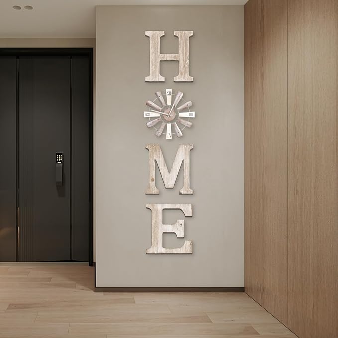 Farmhouse Home Signs with Windmill Clock Wall Decor Rustic Home Letters Wall Art for Living Room Kitchen Entryway Dining Room Bedroom (water-white)