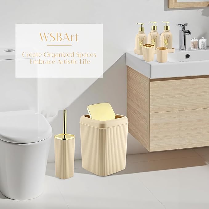 17PCS Bathroom Accessory Set Bathroom Set Beige Bathroom Accessories,Toilet Brush, Trash Can, Qtip Holder Dispenser& 3PCS Soap Dispenser