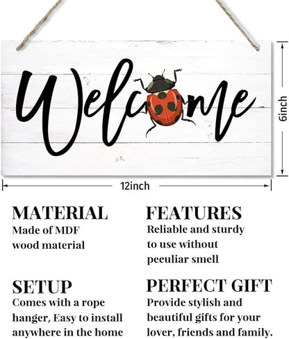 Welcome Decor Sign, Hanging Wood Sign Home Decorative, Printed Wood Wall Art Sign, Ladybug Welcome Sign, Door Sign, Front Door Wall Art Decor, Welcome Sign for Home Farmhouse Yard Garden 12 * 6inch