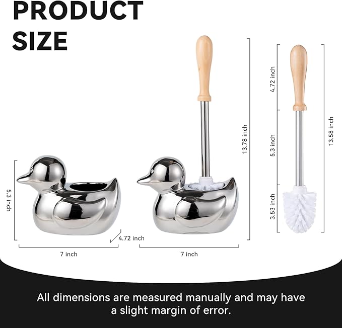 Toilet Brush Holder Set - Ceramic Silver Toilet Scrubber Brush with Duck Base, Bathroom Cleaning Brush, 7.5" Cute Toilet Brush Organizer, Home Decor& Easy Wipe Clean