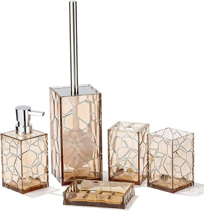 Clear Acrylic Bathroom Accessories Set - Rust-Free, Transparent Design - Includes Soap Dispenser, Toothbrush Holder, Cup, Soap Dish, and Toilet Brush 5-Piece (Brown)