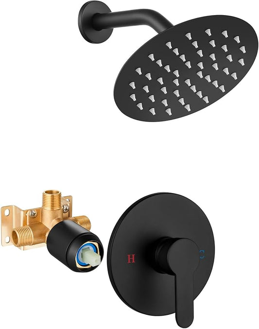 Airuida Shower Faucet Set,Single Function Shower Trim Kit,Wall Mount 6 Inch Round Rainfall Shower Head and Handle Set,Single Handle Shower System Set Male Threads Rough-in Valve Matte Black