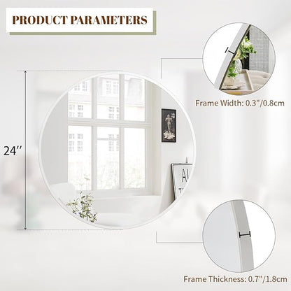 BEAUTYPEAK 24 Inch Round Mirror, Metal Frame Circle Mirror, Wall Mounted for Entryway, Bathroom, Vanity, Living Room, White