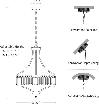 20" Modern Crystal Chandelier, 5-Light Gold Dinning Room Light Fixtures Over Table, Hanging Round Pendant Chandelier for Kitchen Island Entryway Bedroom Office Bathroom Stairwell