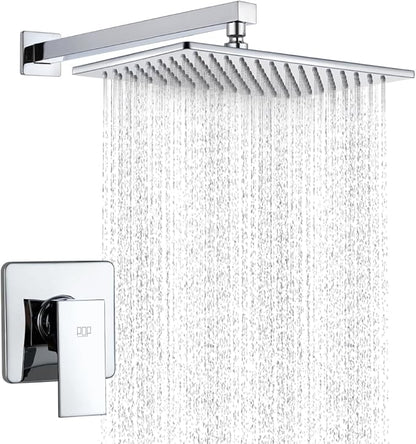 Shower Faucet Set Chrome Rainfall 12“ Rectangle Stainless Steel Shower Head and Handle Set, Wall Mounted Bathroom Shower System, Single Function Shower Trim Kit with Valve